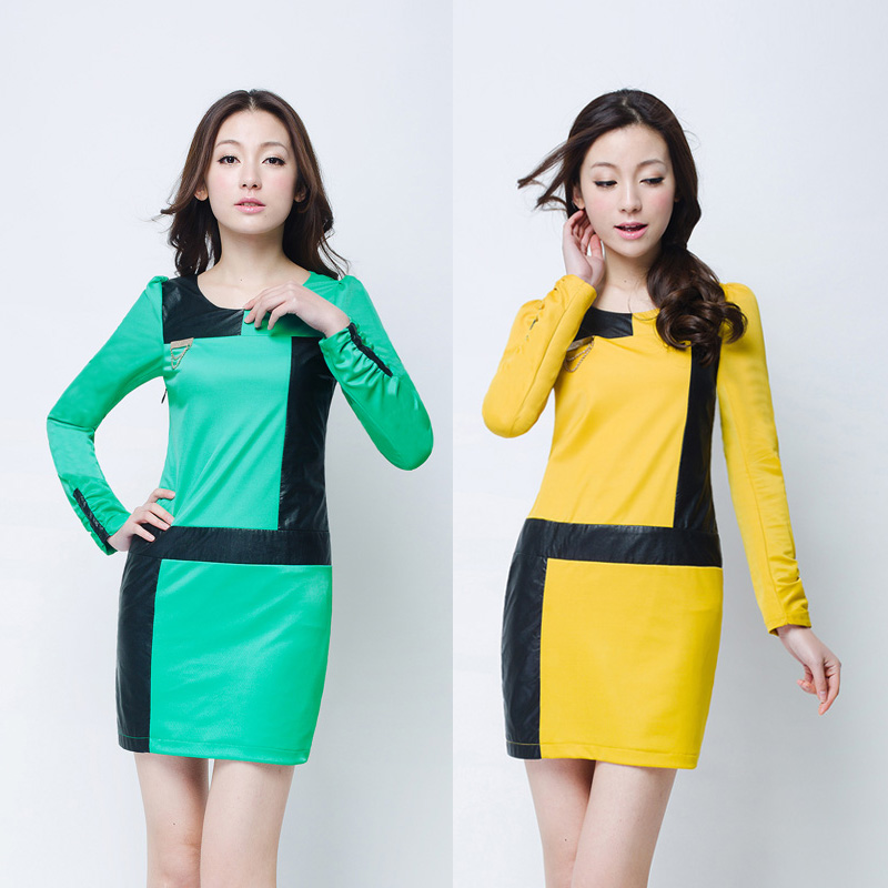 2013 2013 spring new arrival women's spring color leather mosaic dress fashion normic slim one-piece dress