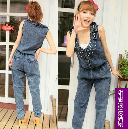 2013 3701210 laciness beading slim denim trousers jumpsuit