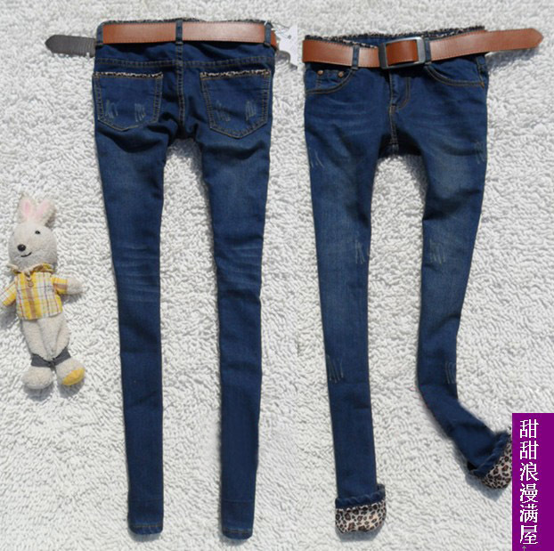 2013 431018 water wash cat Dark Blue leopard print roll-up hem denim trousers skinny pants pencil pants