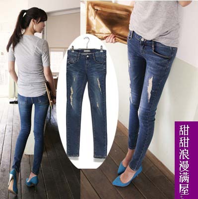 2013 43208 slim legs butt-lifting distrressed Dark Blue denim trousers skinny pants pencil pants