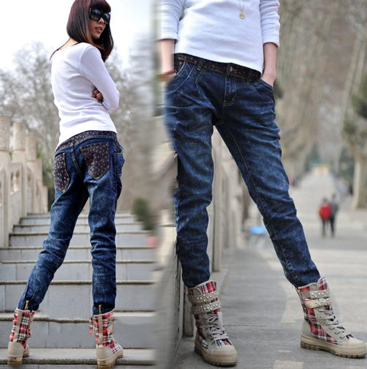 2013 432288 casual all-match personality zipper blue denim trousers