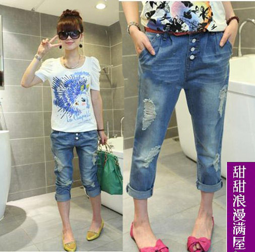 2013 433008 casual all-match personality hole blue denim pants ankle length trousers straight pants