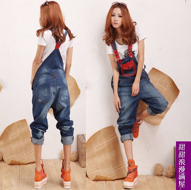 2013 433708 casual all-match Dark Blue denim bib pants hole loose trousers