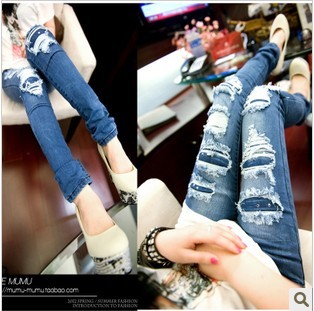 2013 435408 slim legs blue hole retro finishing water wash denim pencil trousers