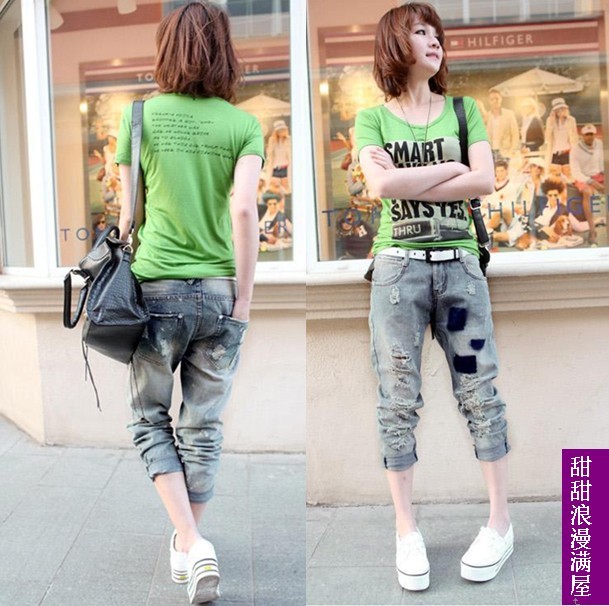 2013 435608 casual all-match personality hole tie-dyeing the trend of retro finishing blue denim trousers