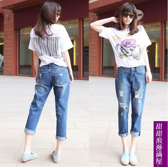 2013 436308 personality casual all-match loose hole Dark Blue denim harem pants ankle length trousers