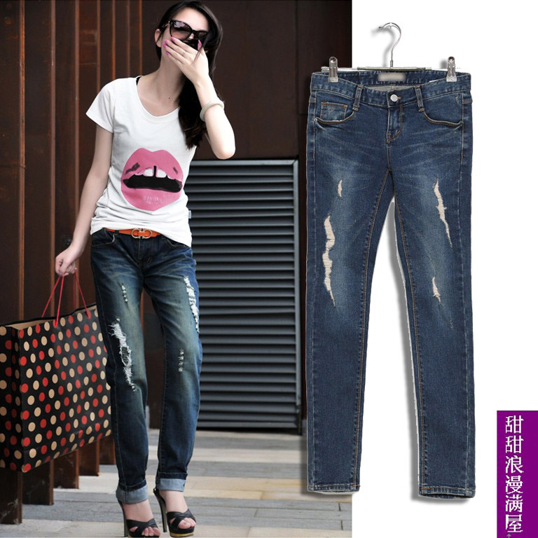 2013 43808 casual all-match personality distrressed blue small straight pants denim trousers