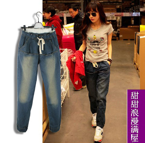 2013 438188 casual fashion loose elastic waist harem pants denim trousers