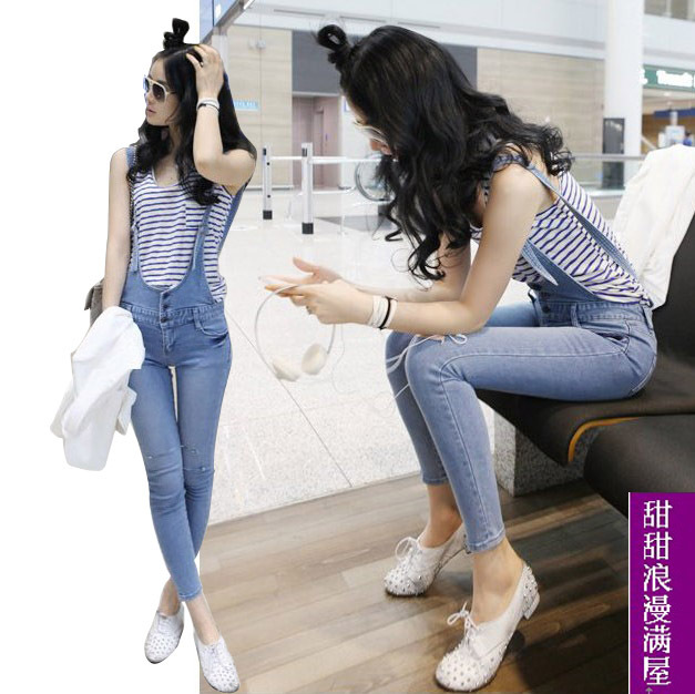 2013 439208 slim legs light blue hole denim pencil skinny pants trousers bib pants