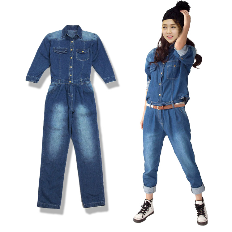 2013 876388 casual fashion personality patchwork light blue denim jumpsuit overalls trousers