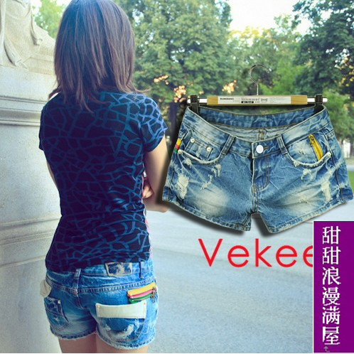 2013 88200 slim fashion personality zipper applique denim shorts