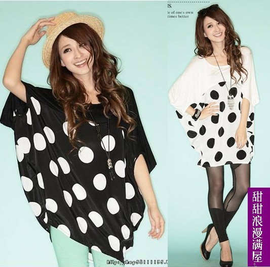 2013 93465 casual all-match personality patchwork dot sleeve length loose plus size chiffon shirt