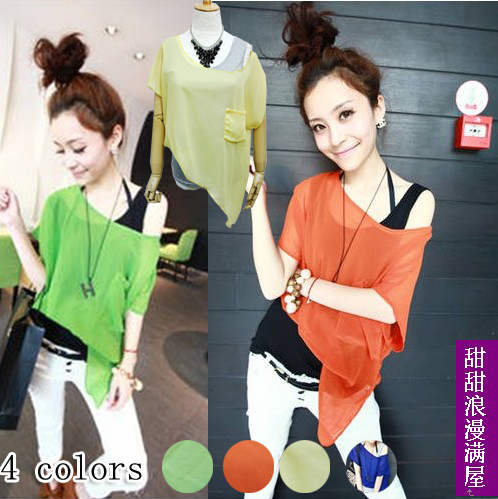 2013 94289 casual personality patchwork faux two piece slit neckline strapless chiffon short-sleeve shirt