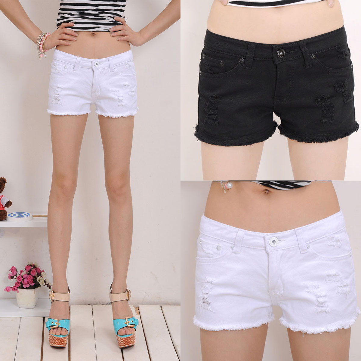 2013 all-match basic denim shorts tassel black-and-white hole straight pants shorts