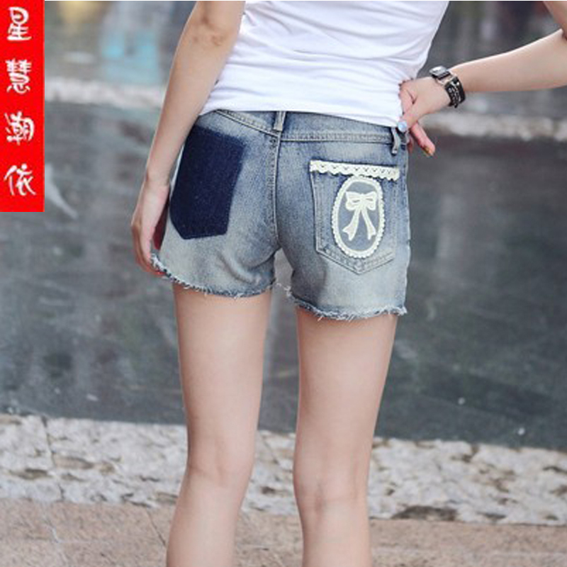 2013 all-match denim shorts female loose pocket bow shorts basic shorts