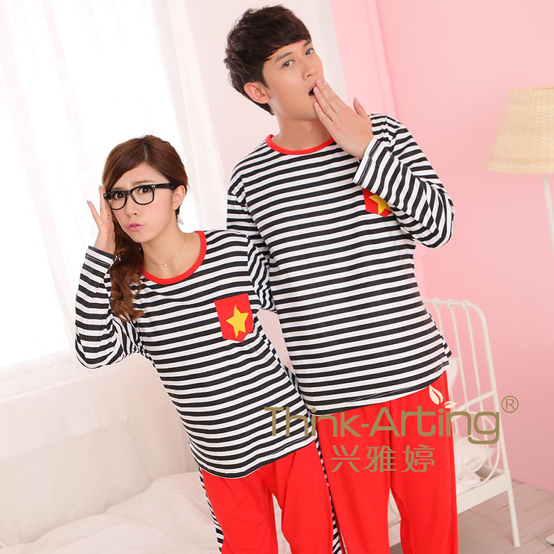 2013 at home service lovers long-sleeve spring lounge 100% cotton stripe sleep set Free delivery