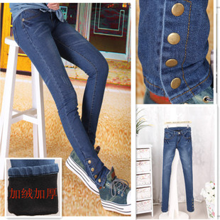 2013 autumn and winter 43286 plus velvet thickening slim blue denim pencil trousers