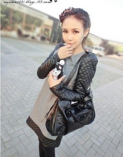 2013 autumn and winter black leather sleeve  all-match slim patchwork fur woolen one-piece dress  fashion size M L XL