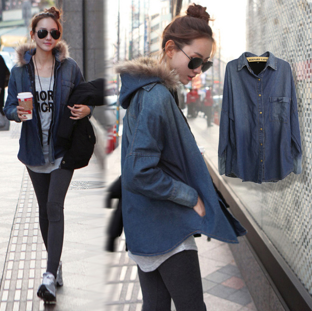 2013 autumn and winter c3609 casual fur collar hat loose two ways blue denim outerwear