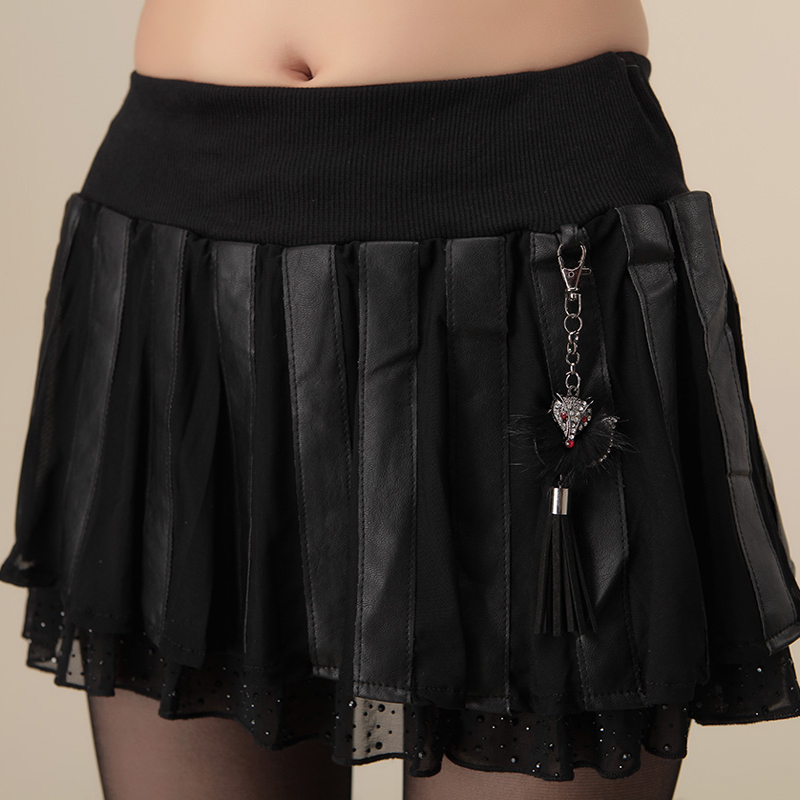 2013 autumn and winter elastic waist chiffon edge diamond water wash PU leather patchwork bust skirt short skirt