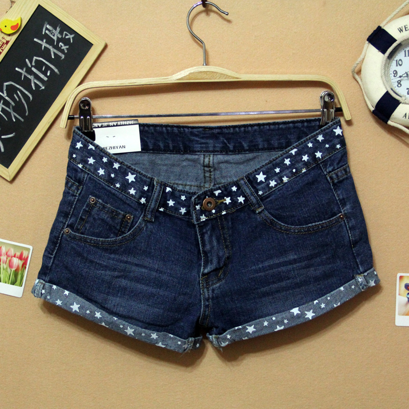 2013 autumn and winter fashion female roll-up hem loose wearing white five-pointed star mid waist denim shorts boots trousers