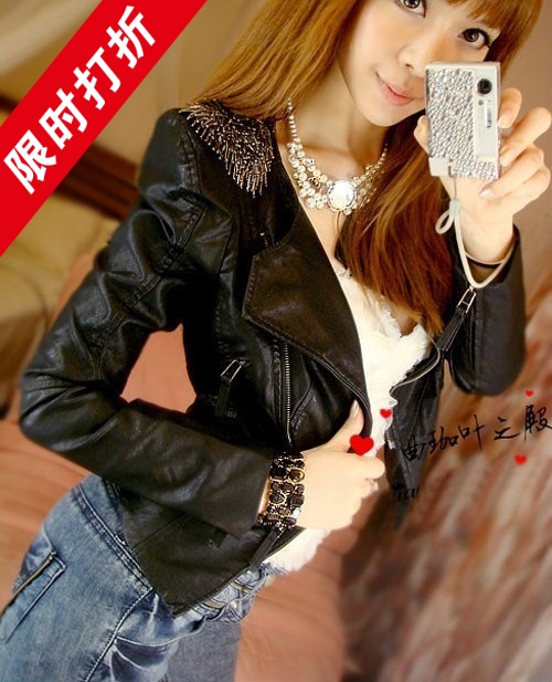 2013 autumn and winter fashion trend fashion epaulet decoration leather clothing short design coat slim leather jacket female