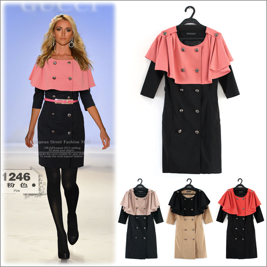 2013 autumn and winter fashion women's double breasted slim color block decoration cape outerwear wool coat 1246