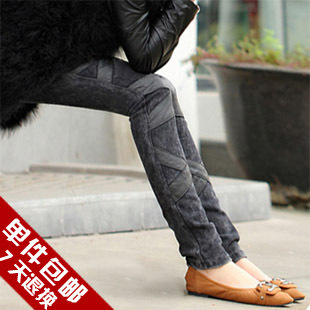 2013 autumn and winter faux leather patchwork faux denim legging tight fitting female elastic waist pencil pants Free Shipping