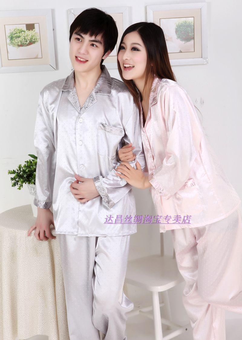 2013 autumn and winter faux silk lovers sleep set long-sleeve print silk sleepwear ,free shipping!