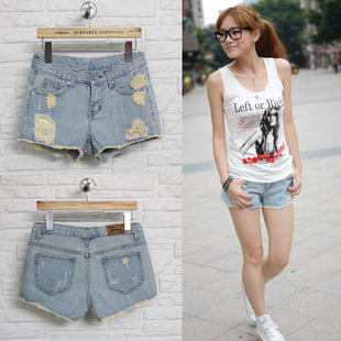 2013 autumn and winter female fashion plus size loose distrressed the beggar pants denim blue shorts