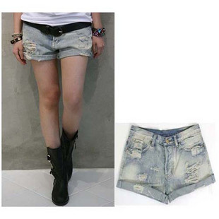 2013 autumn and winter female water wash wearing white hole pants loose plus size denim shorts moben shorts