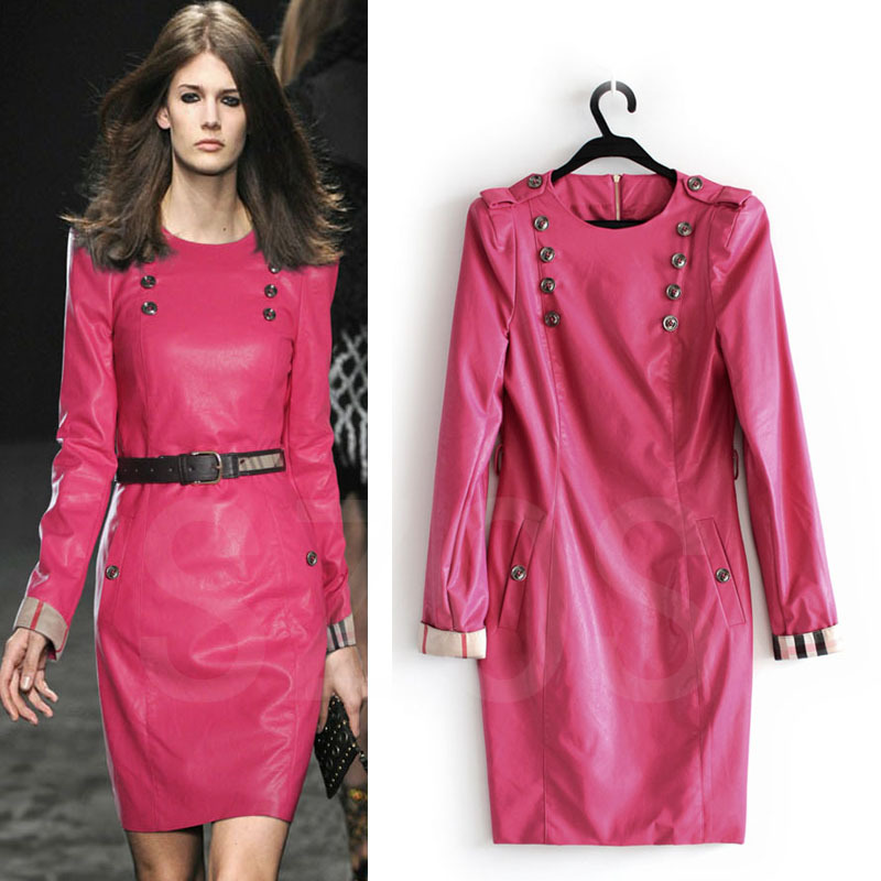 2013 autumn and winter new arrival OL outfit elegant fashion faux leather o-neck long-sleeve slim one-piece dress plus size