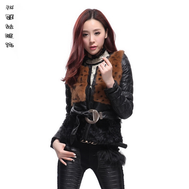 2013 autumn and winter o-neck slim waist slim fur rabbit fur PU clothing female