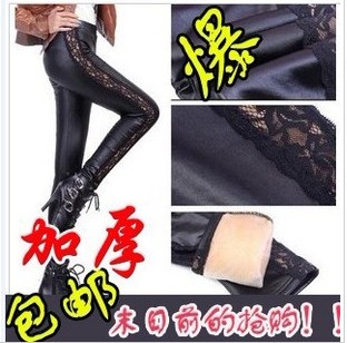 2013 autumn and winter of sidepiece high-elastic lace patchwork faux leather pants velvet ankle length trousers koala velvet