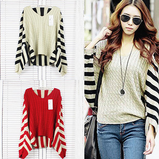 2013 autumn and winter plus size batwing sleeve pullover sweater black and white stripe loose sweater thick yarn twisted female