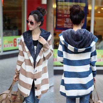 2013 Autumn and winter plus size maternity clothing with a hood loose stripe cardigan plus velvet thickening sweater outerwear