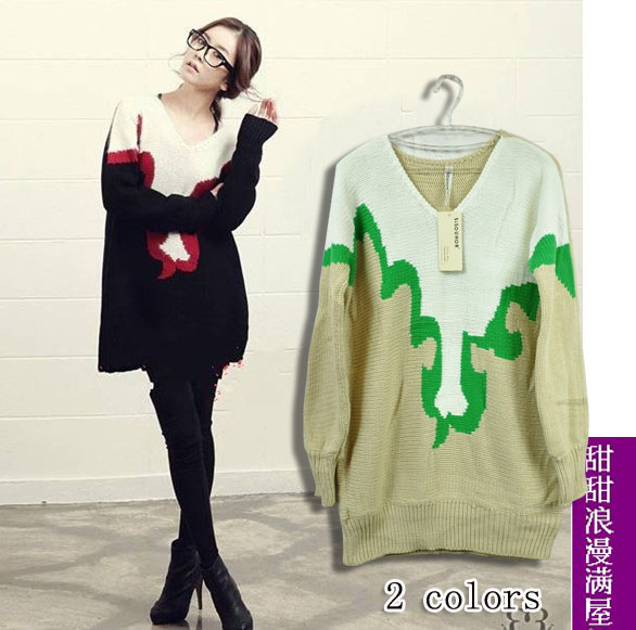 2013 autumn and winter pullover 8875602 the waves color medium-long block decoration loose sweater outerwear high quality