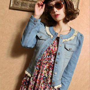 2013 autumn and winter short jacket female denim coat lace decoration slim o-neck denim outerwear female long-sleeve