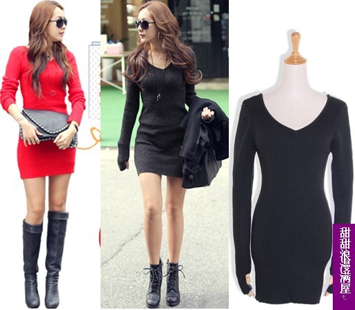 2013 autumn and winter women 0204004 deep v neck medium-long slim basic sweater dress high quality