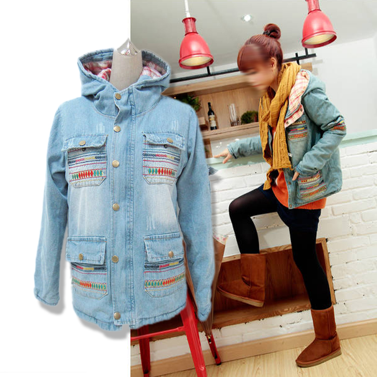 2013 autumn and winter women 132159 casual loose thickening cotton-padded with a hood denim coat outerwear