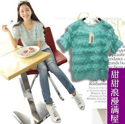 2013 autumn and winter women 132350 cutout sweet small tassel short-sleeve sweater