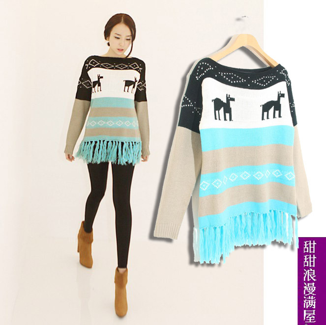 2013 autumn and winter women 201014 casual all-match onta tassel color block decoration sweater outerwear