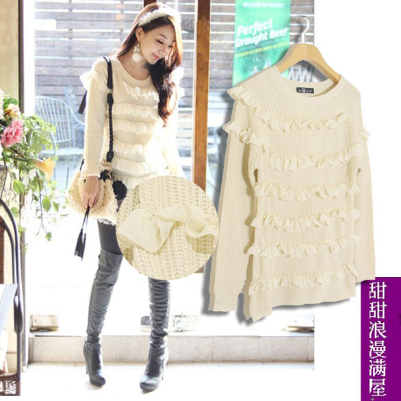 2013 autumn and winter women 21041 sweet ruffle o-neck long-sleeve sweater outerwear