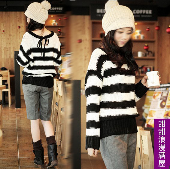 2013 autumn and winter women 22419 casual loose bandage medium-long stripe sweater outerwear