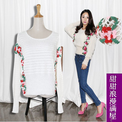 2013 autumn and winter women 22512 sweet crochet waist white wool sweater outerwear