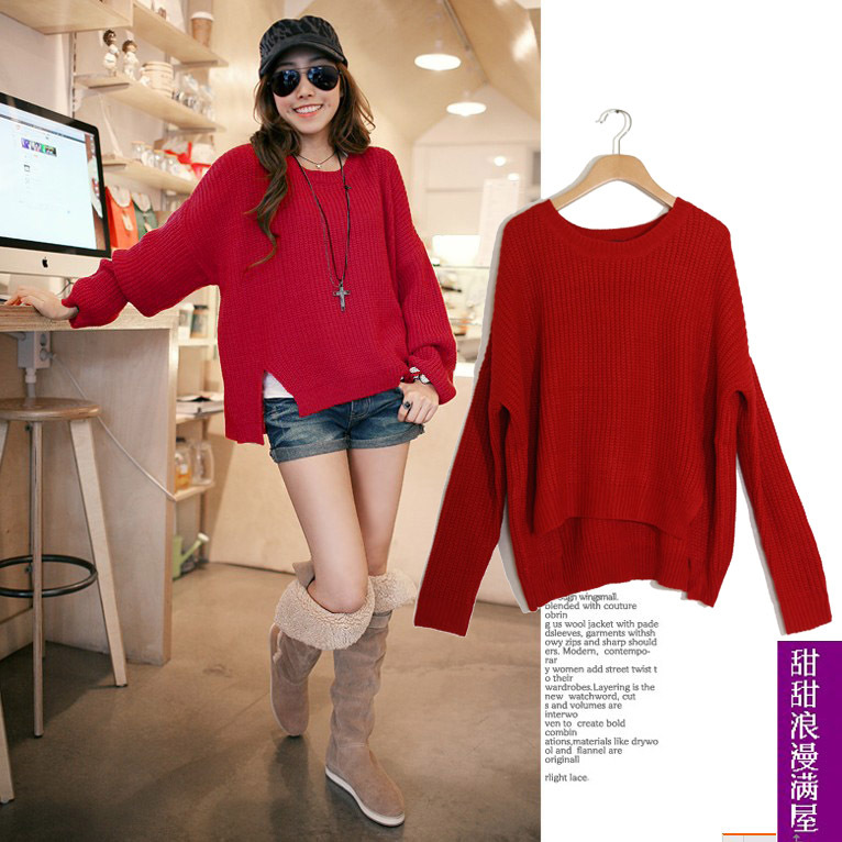 2013 autumn and winter women 231014 casual all-match loose red low-high sweater outerwear