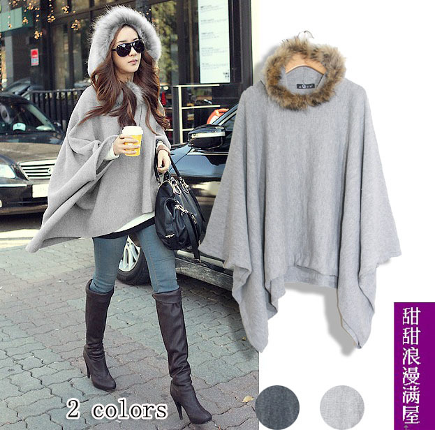 2013 autumn and winter women 261014 street loose batwing sleeve with a hood fur collar sweater