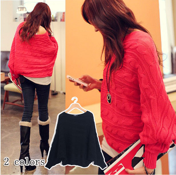 2013 autumn and winter women 27153 casual twisted batwing sleeve slit neckline loose sweater outerwear