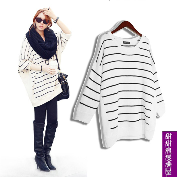 2013 autumn and winter women 27312 casual all-match loose stripe batwing sleeve sweater outerwear