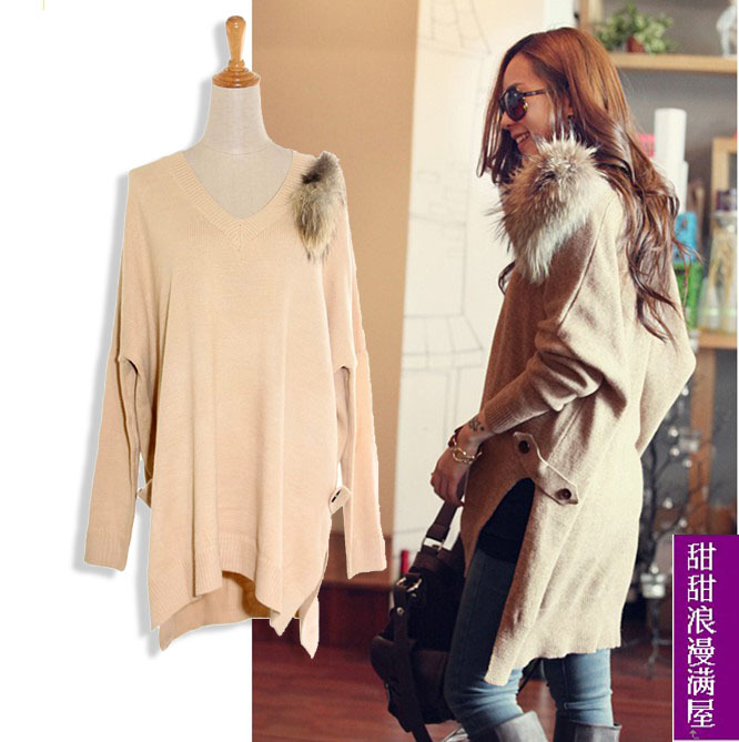 2013 autumn and winter women 291014 low-high fur collar casual loose sweater outerwear